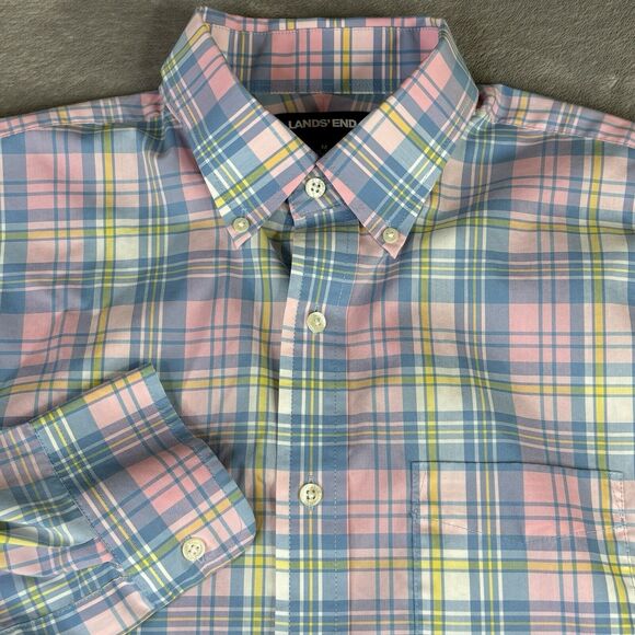 Lands End Button Down Shirt Mens M 15-15.5 Pink Blue Plaid Traditional Fit‎ - Picture 1 of 10